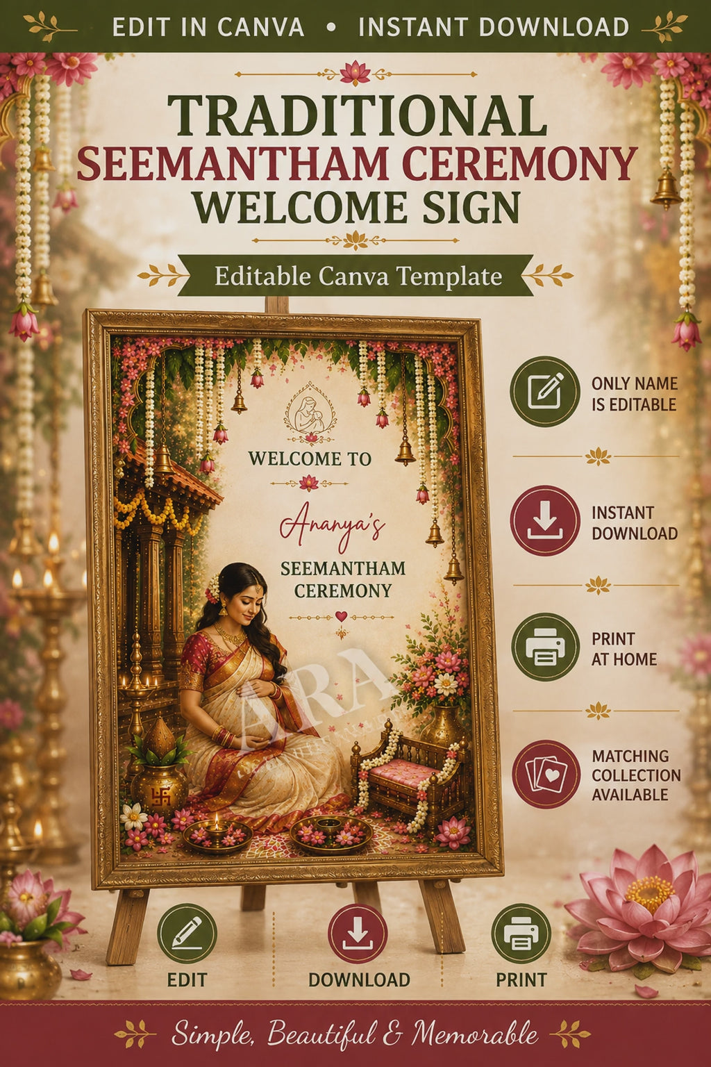 Traditional Seemantham Ceremony Welcome Sign | South Indian Baby Shower Welcome Board | Editable Canva Template | Indian Valaikappu Decor