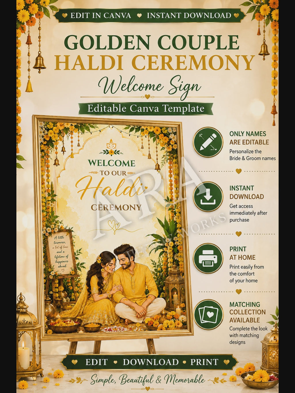 Golden Couple Haldi Ceremony Welcome Sign | Indian Haldi Welcome Sign | Editable Canva Template | Wedding Haldi Decor | Digital Download