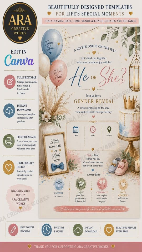Pastel Boho Gender Reveal Invitation | Editable Canva Template | He or She Invite | Baby Shower Digital Download
