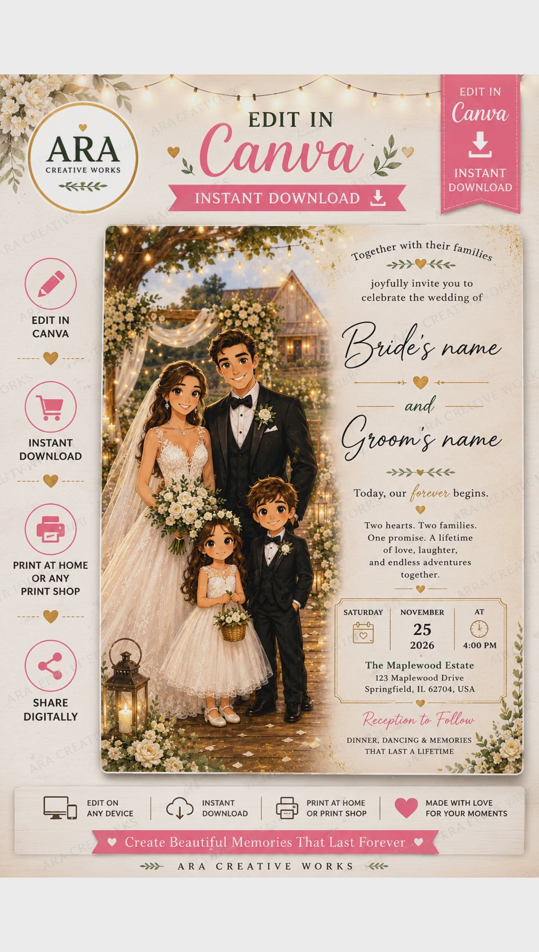 Elegant Rustic Family Wedding Invitation Template | Editable Canva Wedding Invite | Instant Download