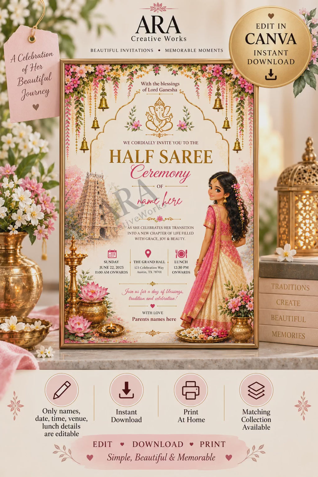 Traditional Ganesha Half Saree Ceremony Invitation