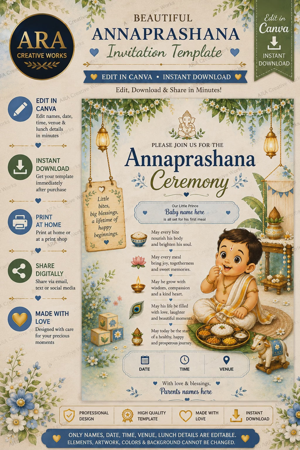 Traditional Little Prince Annaprashana Invitation, Editable Canva First Rice Ceremony Invite, Baby Boy Annaprasana Template
