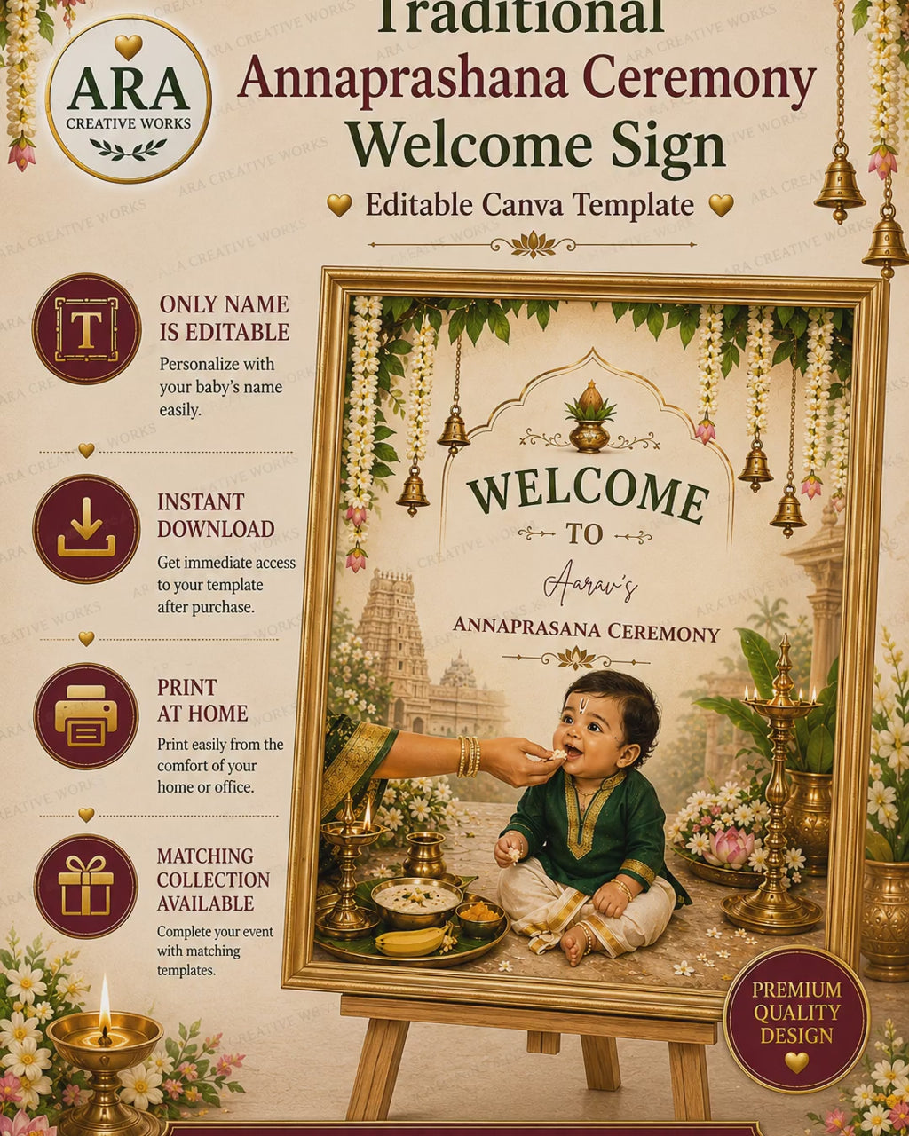 Traditional Annaprashana Ceremony Welcome Sign, Editable Canva Template, Rice Feeding Ceremony Sign, First Rice Ceremony, Indian Baby Decor