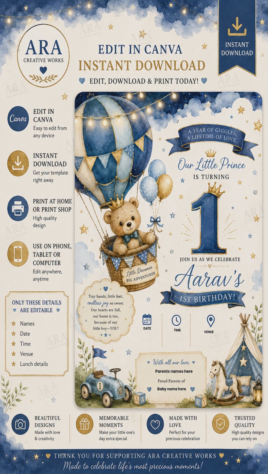 Teddy Bear Hot Air Balloon Birthday Invitation Template | Boy 1st Birthday Canva Invitation | Instant Download