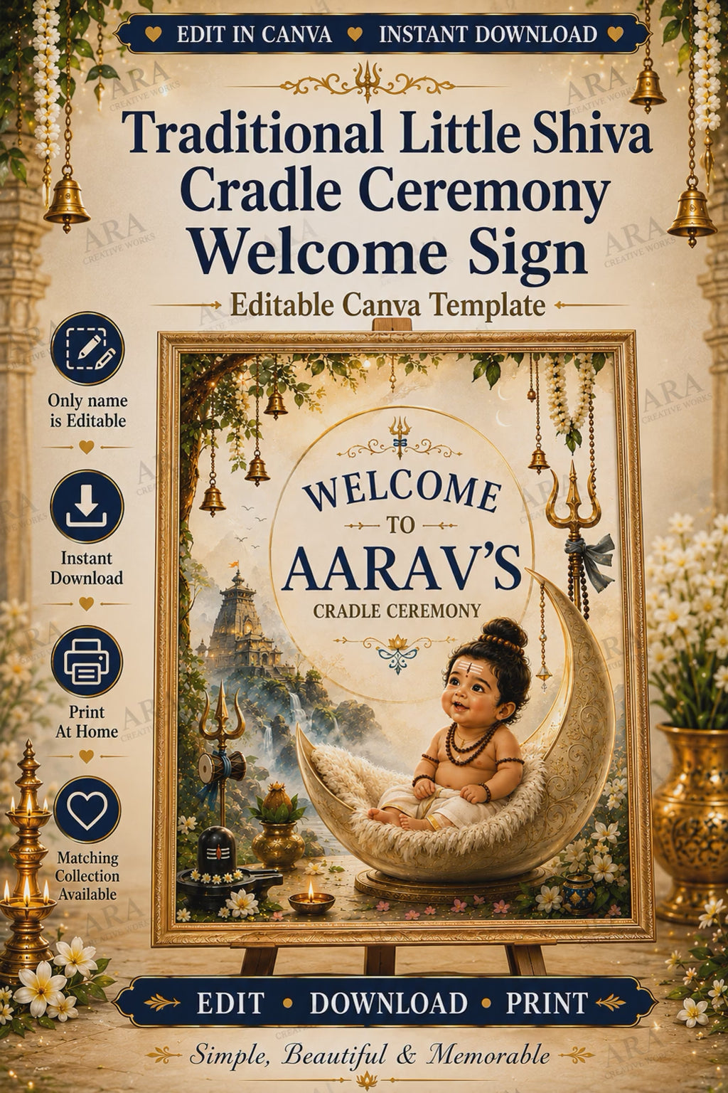 Traditional Little Shiva Cradle Ceremony Welcome Sign, Baby Boy Naming Ceremony Welcome Board, Indian Canva Template, Digital Download