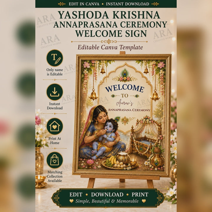 Yashoda Krishna Annaprasana Welcome Sign, Baby Boy Rice Feeding Ceremony, Editable Canva Template, Indian Annaprashana Welcome Board