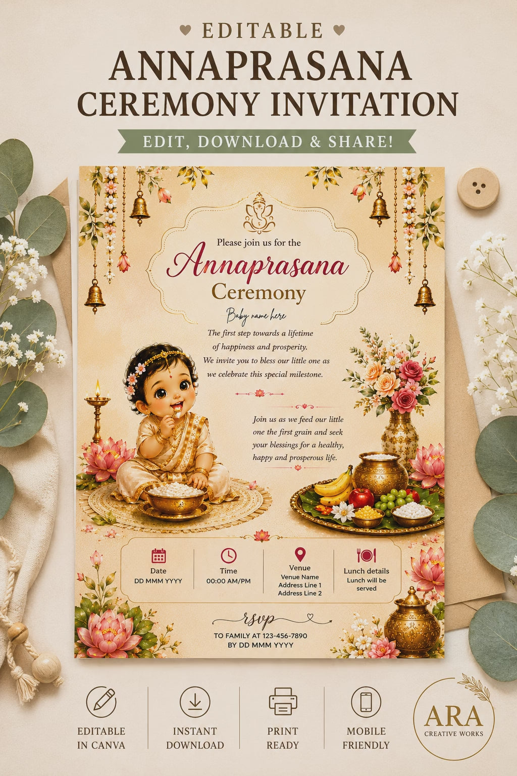 Editable Annaprasana Ceremony Invitation | First Rice Ceremony Invitation | Canva Template | Instant Digital Download