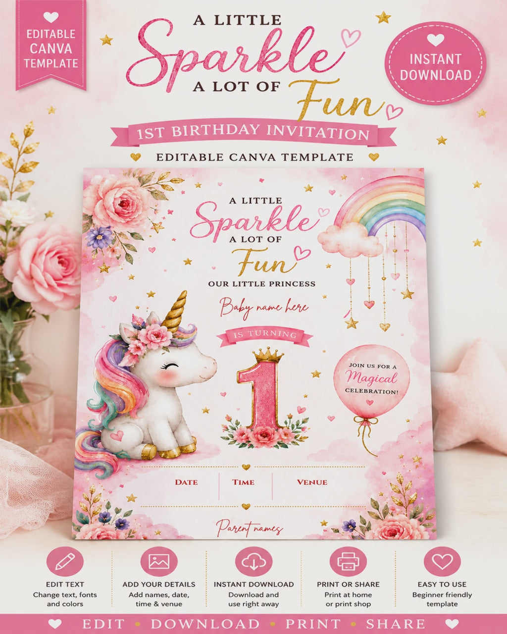 Unicorn 1st Birthday Invitation Template | Editable Canva Birthday Invite | Pink Rainbow First Birthday Party Invitation