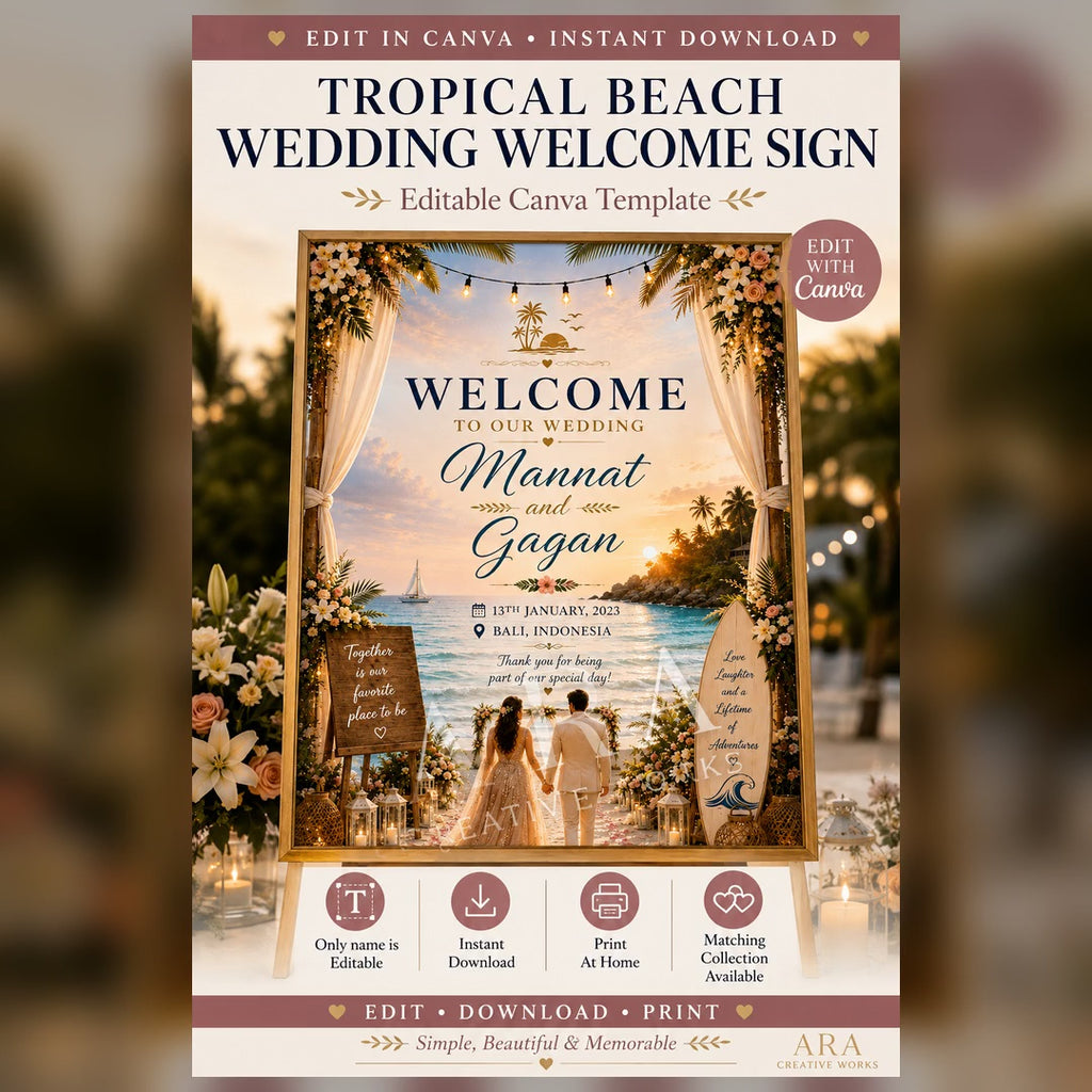 Tropical Beach Wedding Welcome Sign, Editable Canva Template, Destination Wedding Sign, Beach Wedding Decor, Printable Wedding Welcome Sign