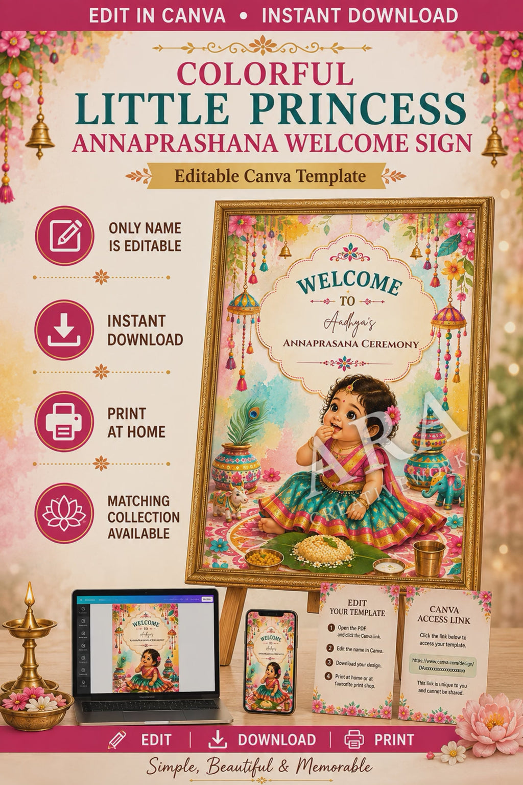 Colorful Little Princess Annaprashana Welcome Sign | Baby Girl Rice Ceremony | Editable Canva Template | Indian First Feeding Sign