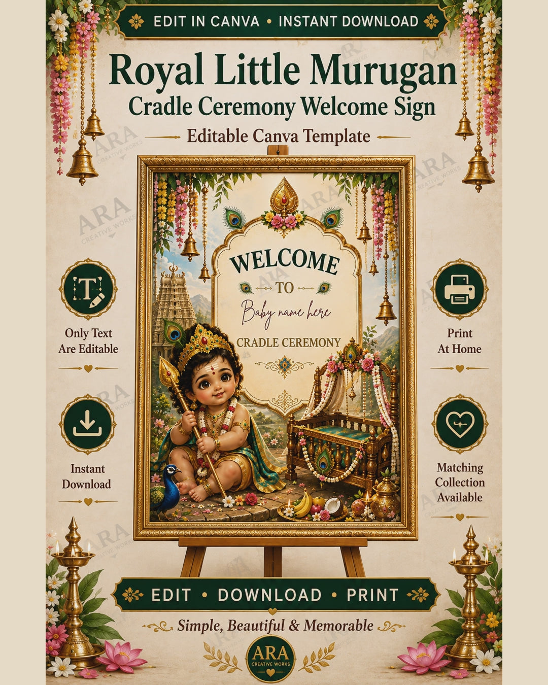 Royal Little Murugan Cradle Ceremony Welcome Sign – Editable Canva Template