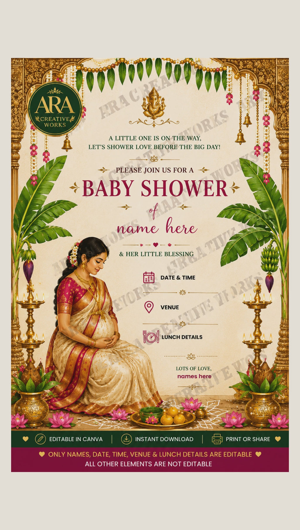 Elegant Seemantham Invitation | Editable Canva Template | South Indian Baby Shower Invite | Digital Download