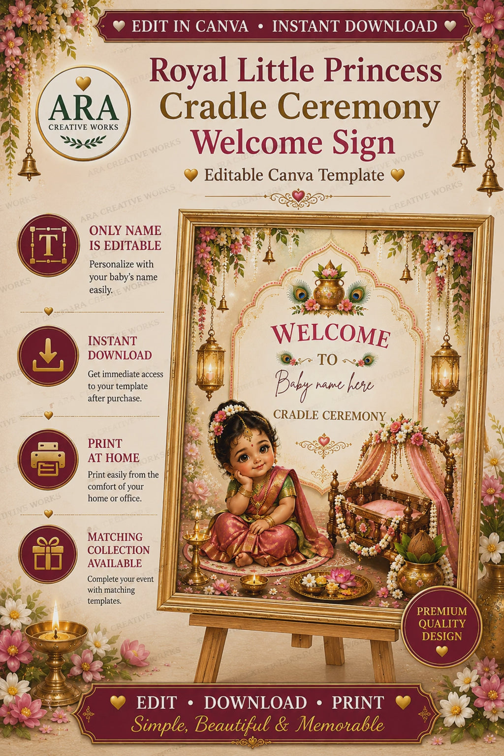 Royal Little Princess Cradle Ceremony Welcome Sign, Baby Girl Naming Ceremony Welcome Board, Indian Canva Template, Digital Download