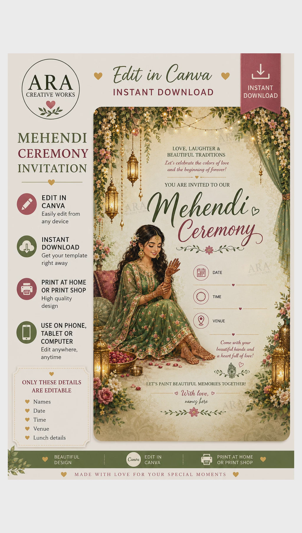 Royal Bridal Mehendi Ceremony Invitation | Canva Editable Template | Instant Download