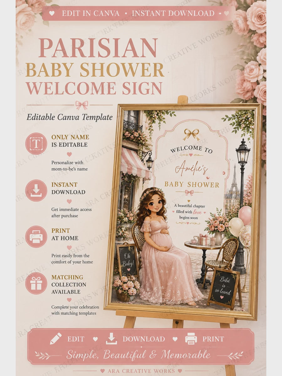Parisian Baby Shower Welcome Sign, Editable Canva Template, Paris Baby Shower Sign, French Baby Shower Decor, Instant Download, 5x7