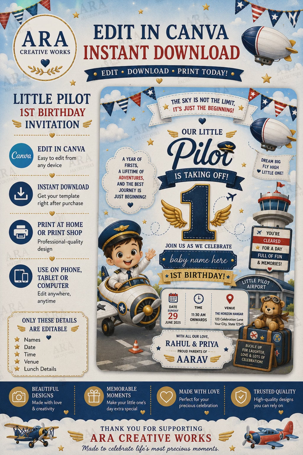 Little Pilot 1st Birthday Invitation Template | Editable Canva Airplane Birthday Invite | Instant Digital Download