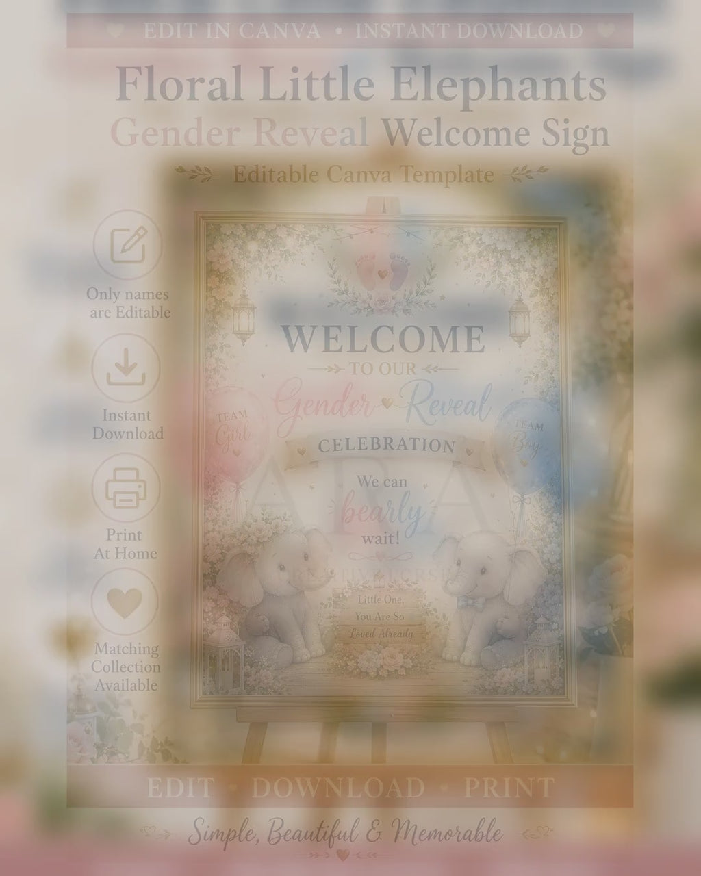 Floral Little Elephants Gender Reveal Welcome Sign | Editable Canva Template | Pink Blue Elephant Baby Reveal Sign | Printable Welcome Sign