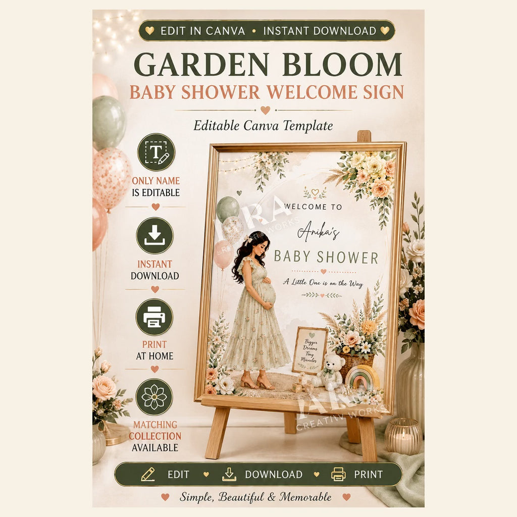 Garden Bloom Baby Shower Welcome Sign | Editable Canva Template | Floral Baby Shower Sign | Printable Welcome Sign | Instant Download