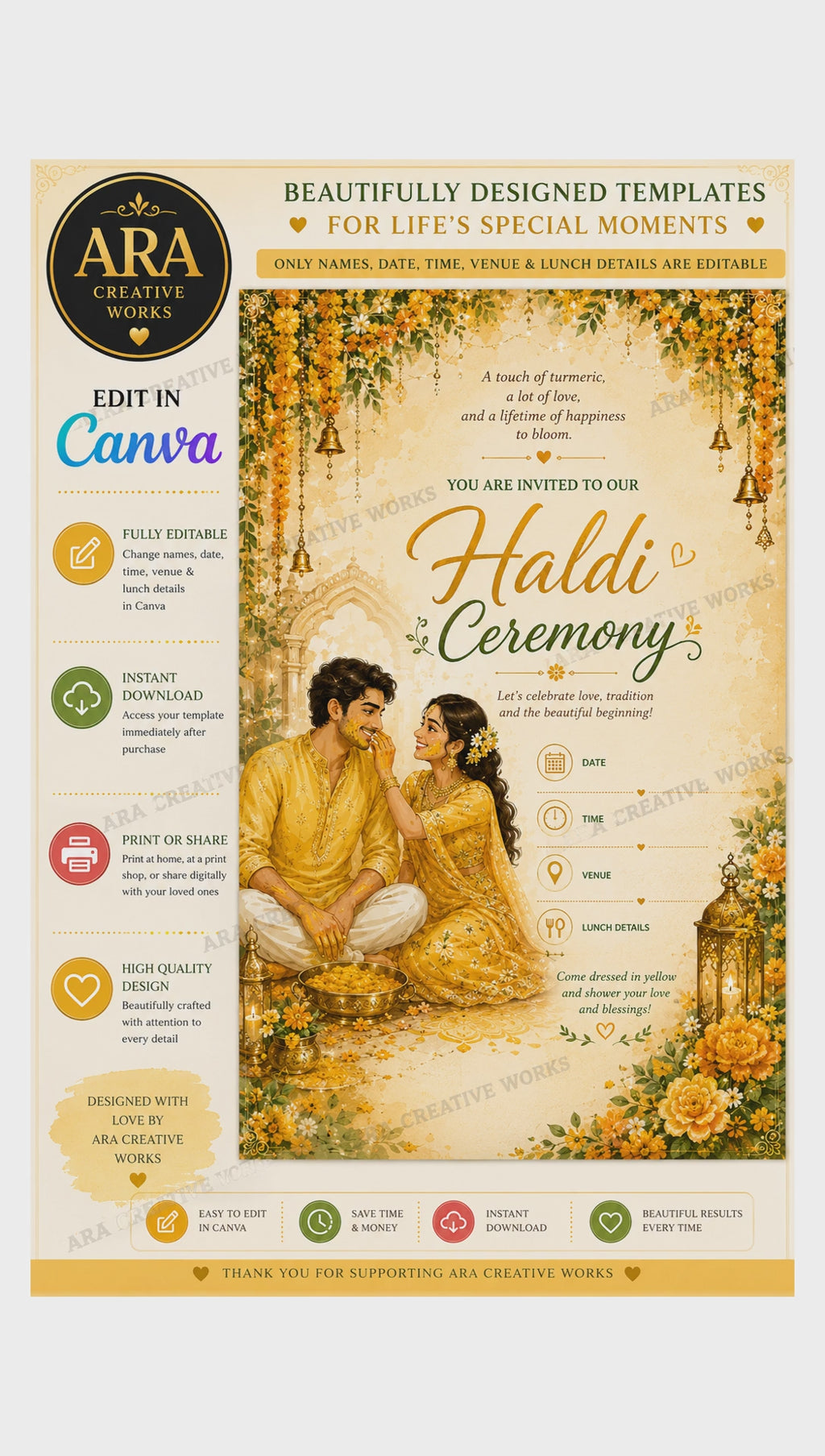 Royal Couple Haldi Ceremony Invitation | Editable Canva Template | Instant Download