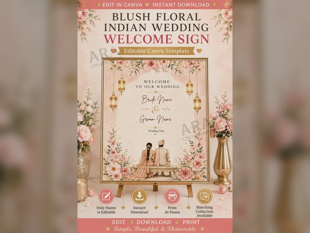 Blush Floral Indian Wedding Welcome Sign | Editable Canva Wedding Sign | Indian Wedding Decor | Bride Groom Welcome Sign | Instant Download