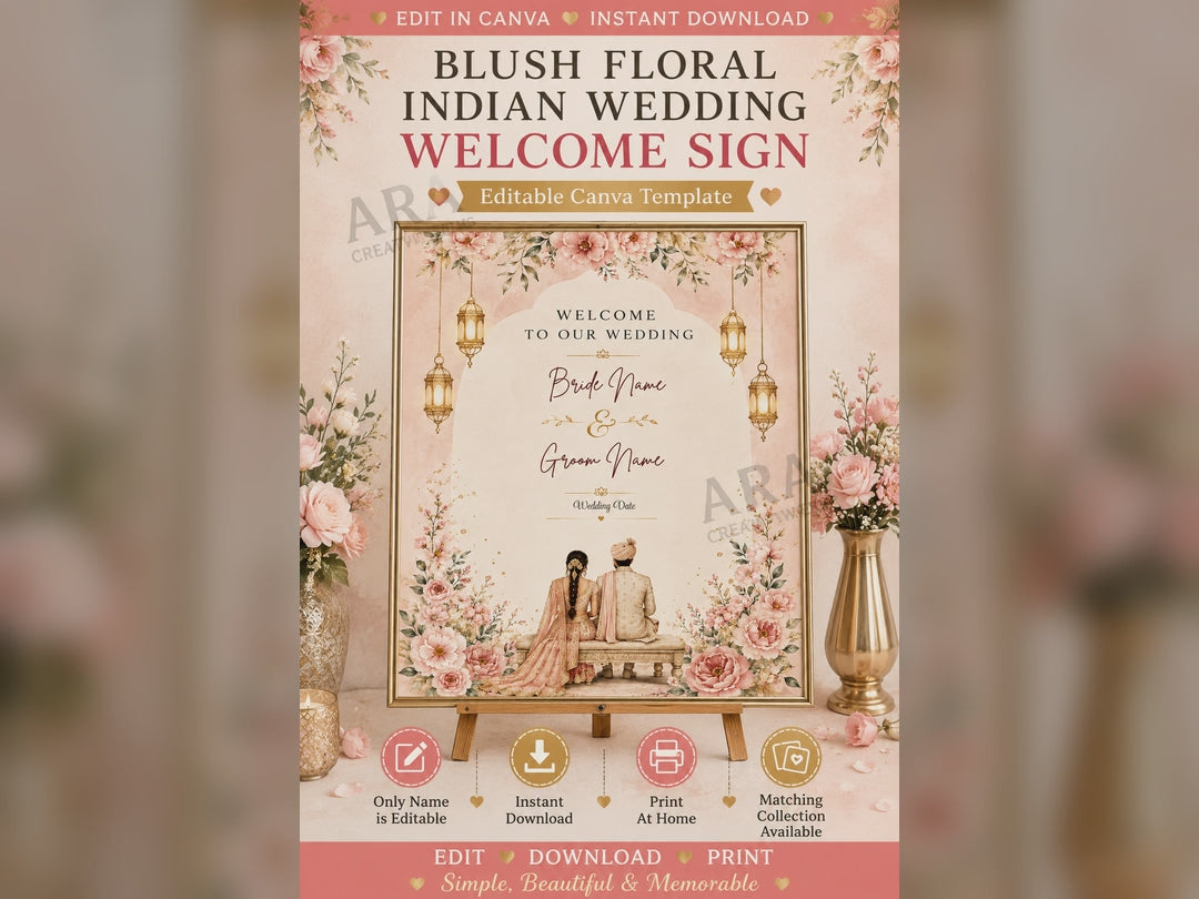 Blush Floral Indian Wedding Welcome Sign | Editable Canva Wedding Sign | Indian Wedding Decor | Bride Groom Welcome Sign | Instant Download