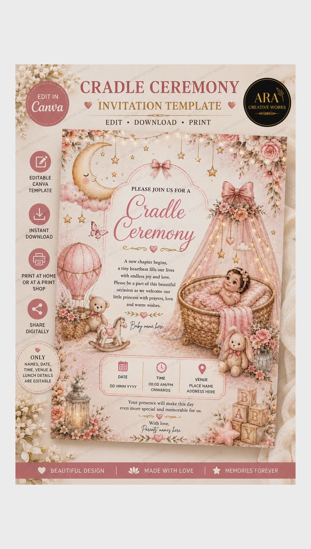 Floral Baby Girl Naming Ceremony Invitation | Editable Canva Template | Digital Download