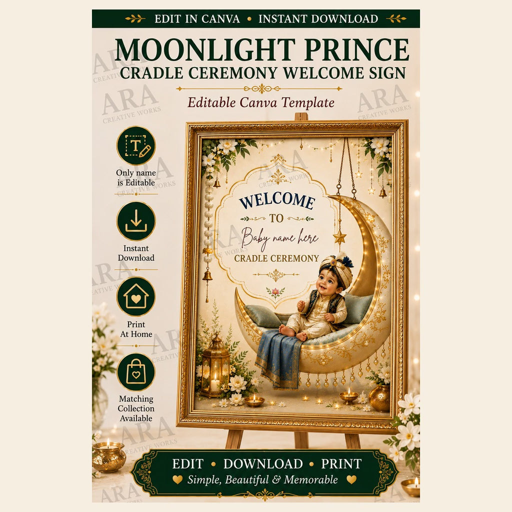 Moonlight Prince Cradle Ceremony Welcome Sign, Baby Boy Naming Ceremony Welcome Board, Indian Canva Template, Digital Download