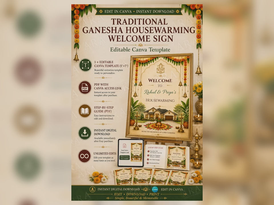 Traditional Ganesha Housewarming Welcome Sign – Editable Canva Template