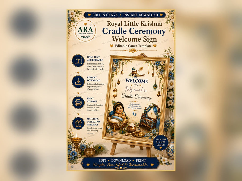 Royal Little Krishna Cradle Ceremony Welcome Sign | Editable Canva Template