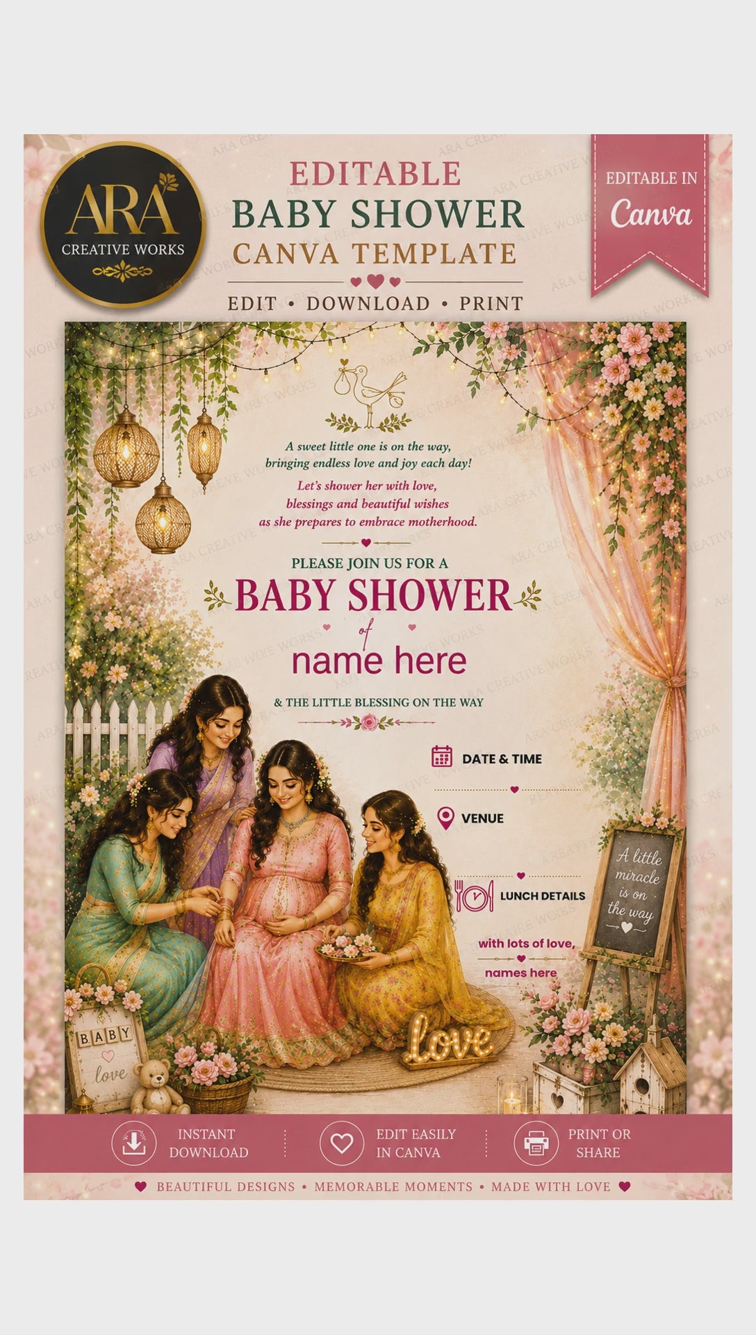 Elegant Pink Floral Baby Shower Invitation | Editable Canva Template | Seemantham Invite | Valaikappu | Digital Download