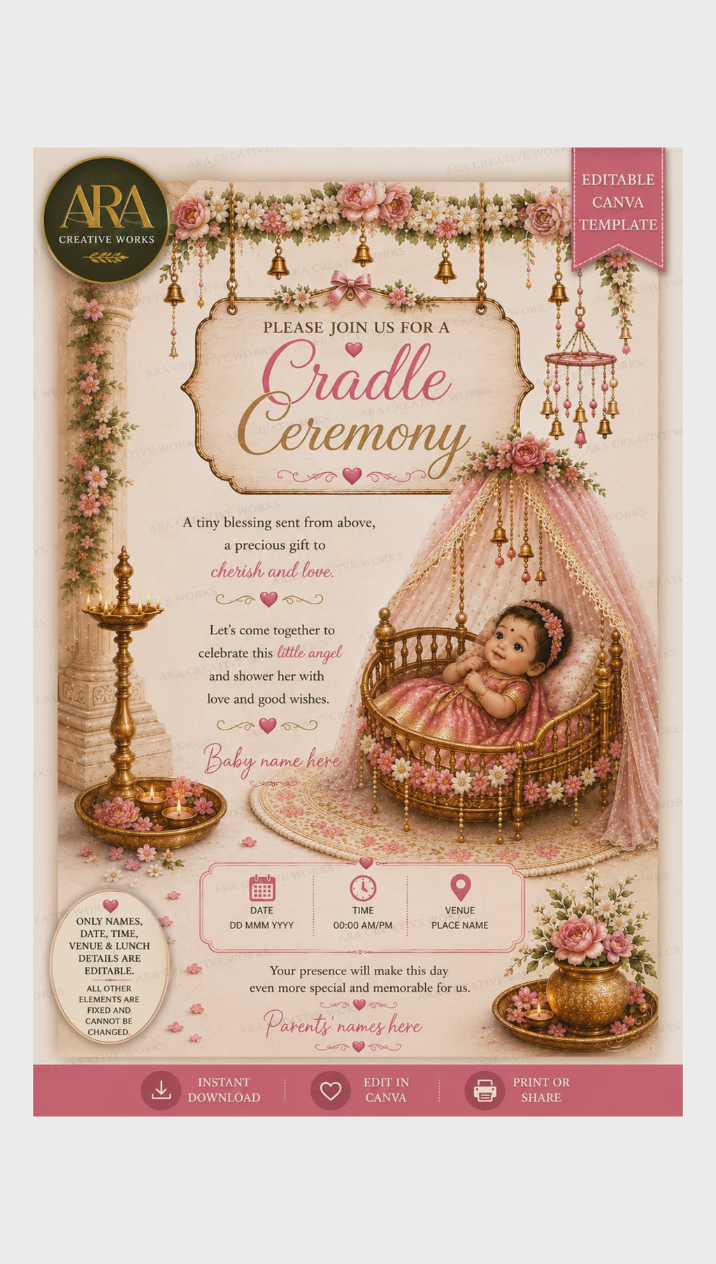 Pink Floral Baby Girl Cradle Ceremony Invitation | Editable Canva Template | Digital Download