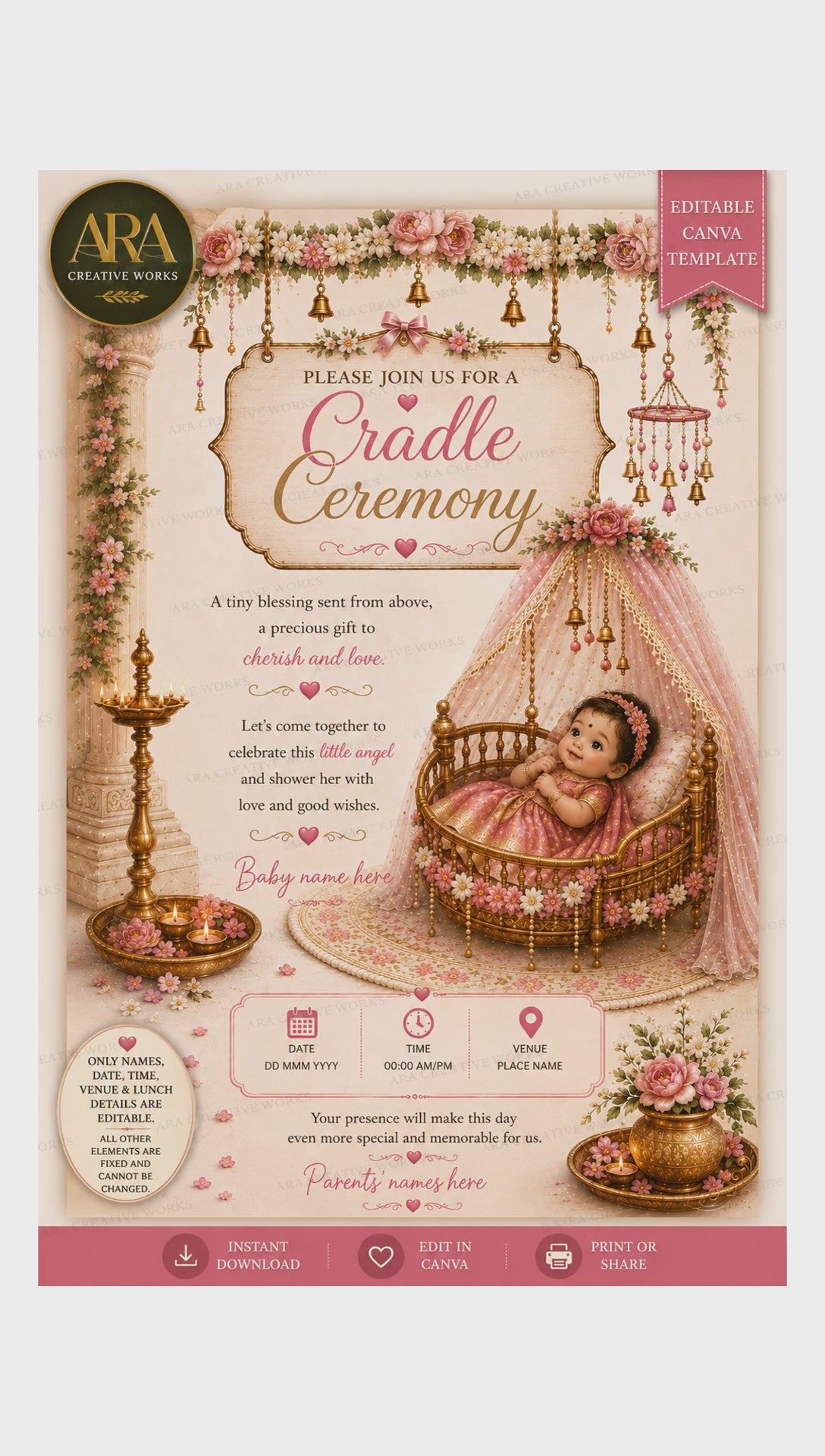 Pink Floral Baby Girl Cradle Ceremony Invitation | Editable Canva Template | Digital Download