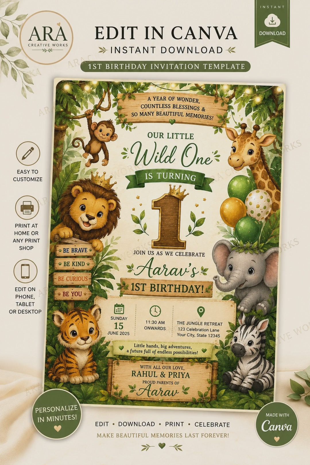 Wild One 1st Birthday Invitation Template | Jungle Safari Birthday Invite | Editable Canva Invitation| Boy First Birthday | Instant Download