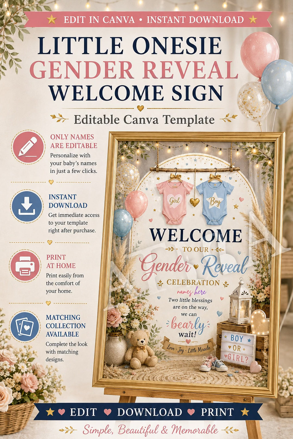 Little Onesie Gender Reveal Welcome Sign | Editable Canva Template | Boy or Girl Baby Reveal Sign | Pink Blue Gender Reveal Decor | Instant Download