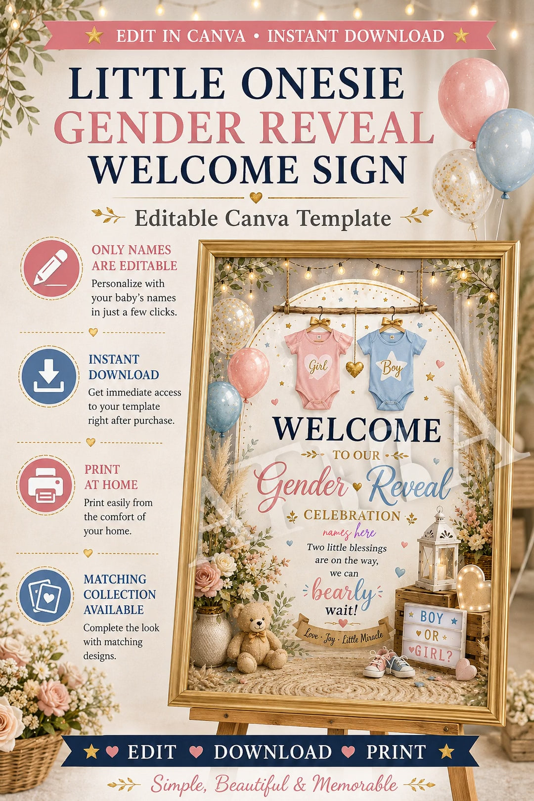Little Onesie Gender Reveal Welcome Sign | Editable Canva Template | Boy or Girl Baby Reveal Sign | Pink Blue Gender Reveal Decor | Instant Download