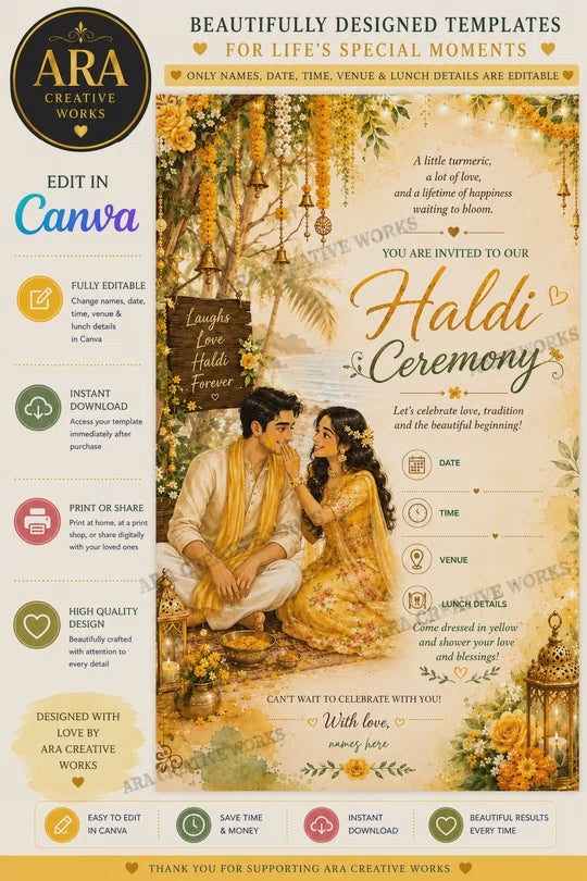 Tropical Haldi Ceremony Invitation Template | Editable Canva Invitation | Instant Download