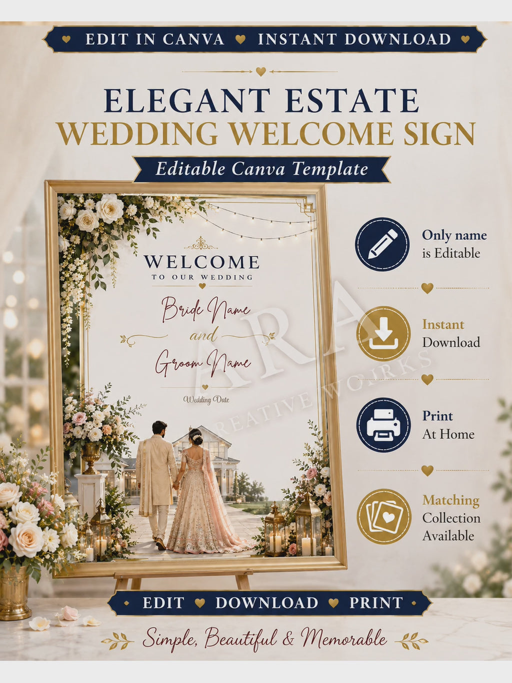 Elegant Estate Wedding Welcome Sign, Editable Canva Wedding Sign, Printable Wedding Welcome Sign, Elegant Wedding Decor, Instant Download