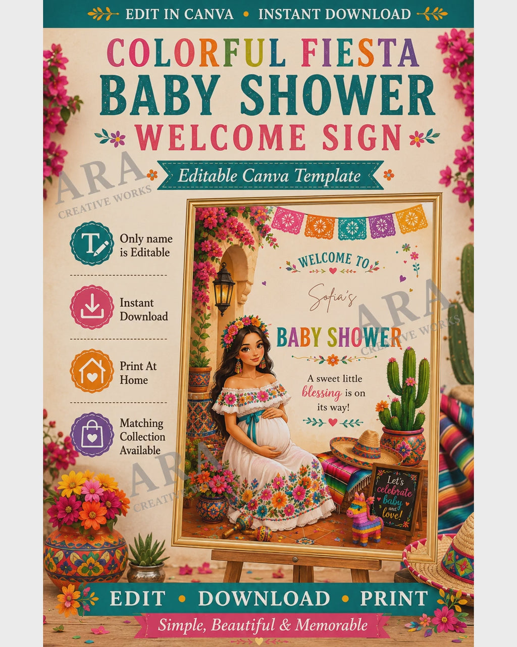 Colorful Fiesta Baby Shower Welcome Sign | Mexican Baby Shower Canva Template | Fiesta Welcome Poster | Editable Name | Instant Download