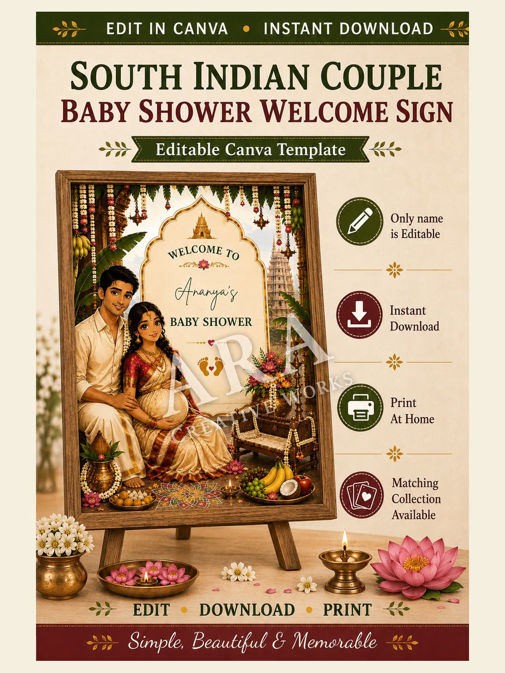 South Indian Couple Baby Shower Welcome Sign | Editable Canva Template | Traditional Indian Seemantham Welcome Board | Digital Download