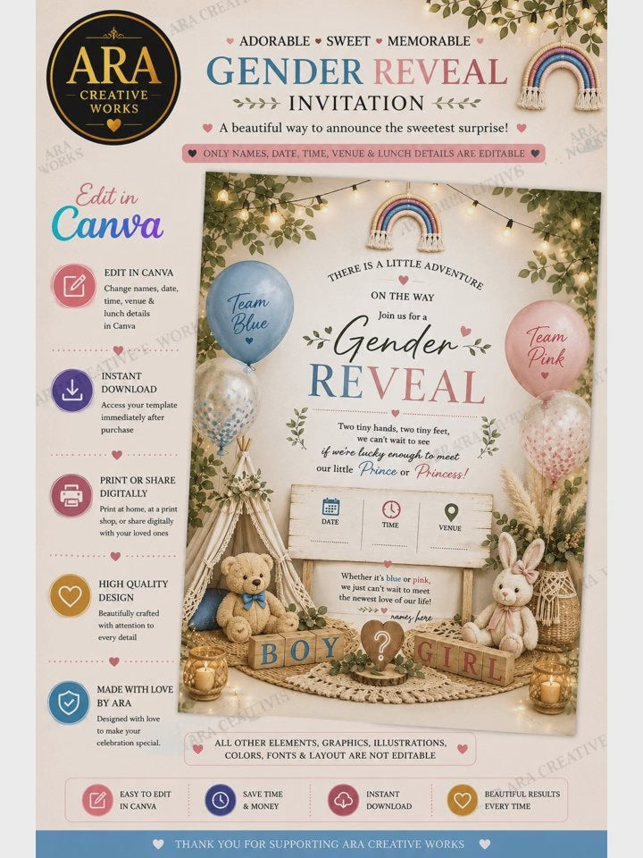 Boho Teddy Gender Reveal Invitation | Editable Canva Template | Instant Download