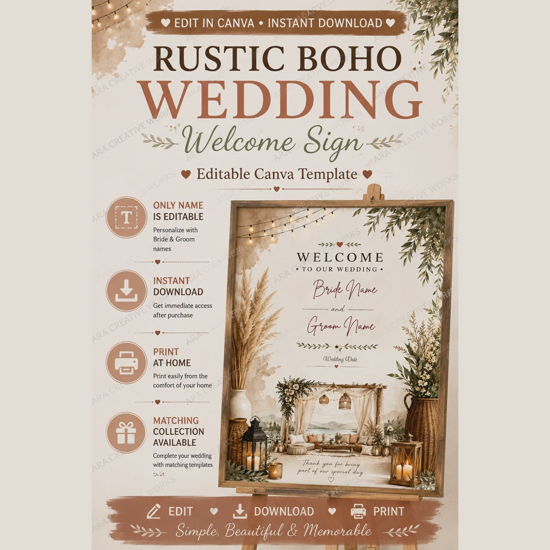 Rustic Boho Wedding Welcome Sign | Editable Canva Wedding Sign | Neutral Wedding Decor | Printable Wedding Welcome Sign