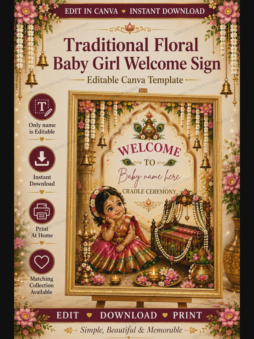 Traditional Floral Baby Girl Welcome Sign, Cradle Ceremony Welcome Board, Indian Naming Ceremony Canva Template, Namakaranam Digital Download