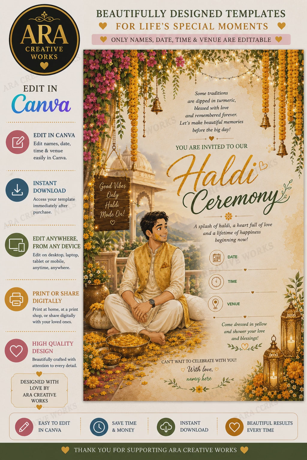 Royal Groom Haldi Ceremony Invitation Template | Editable Canva Invitation | Instant Download