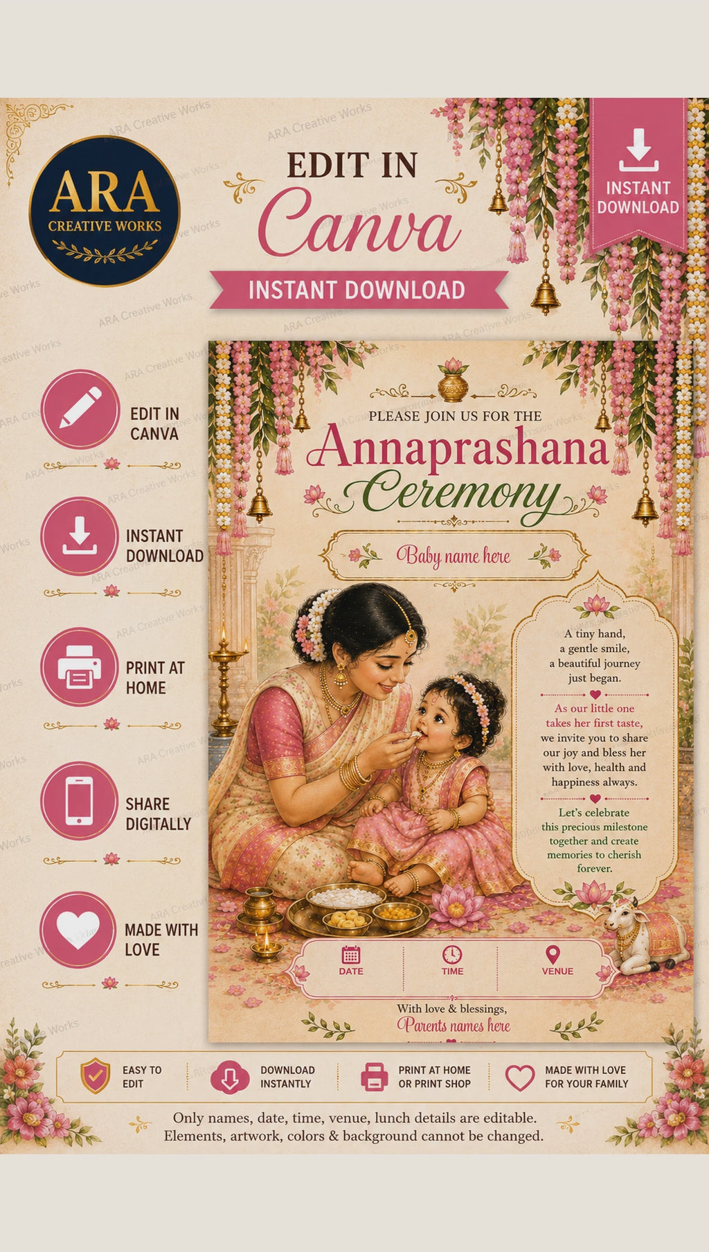 Precious Beginnings Annaprashana Invitation Template | Editable Canva Invitation | Baby First Rice Ceremony Digital Download