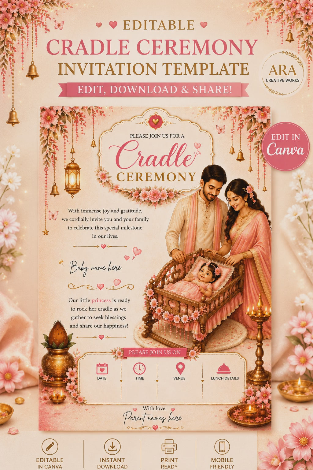 Editable Cradle Ceremony Invitation Template | Pink Floral Hindu Baby Naming Ceremony Invite | Canva Digital Download
