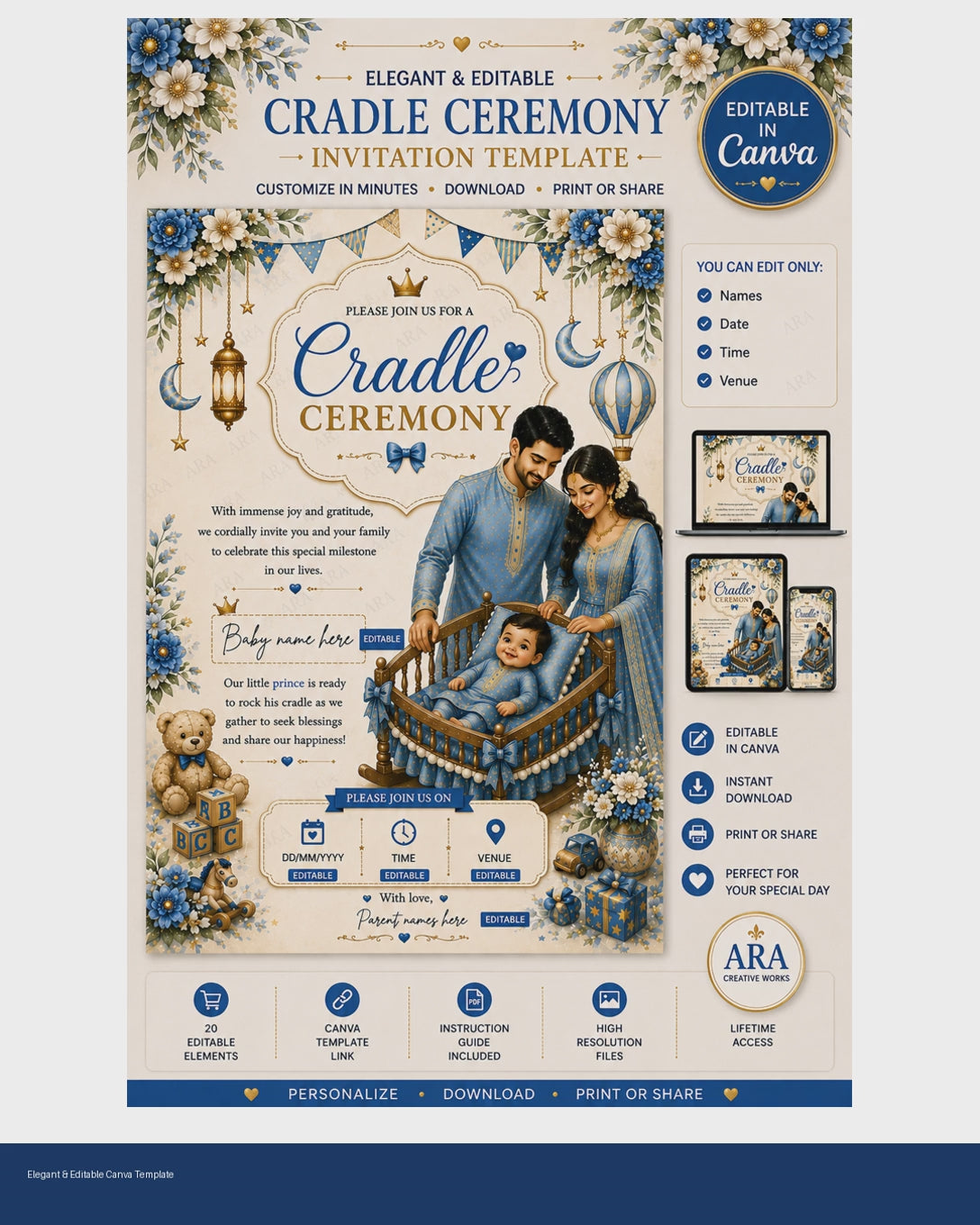 Blue Floral Cradle Ceremony Invitation Template | Editable Canva Invite | Indian Baby Naming Invitation | Namakaran Invitation | Instant Download