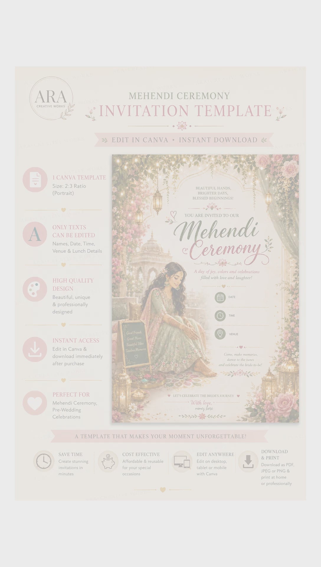 Royal Palace Bridal Mehendi Ceremony Invitation | Canva Editable Template | Instant Download