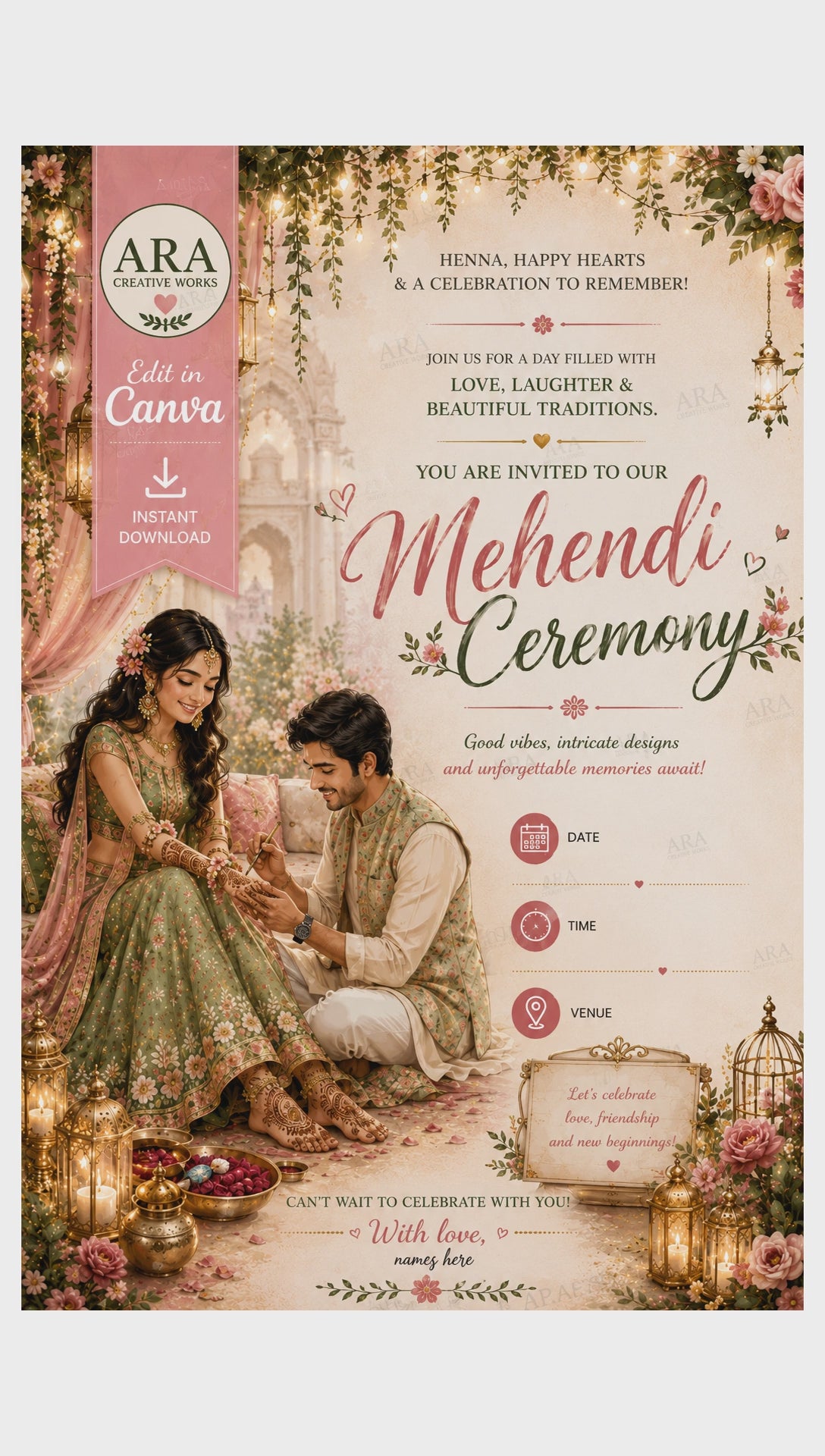 Royal Floral Mehendi Ceremony Invitation | Canva Editable Template | Instant Download