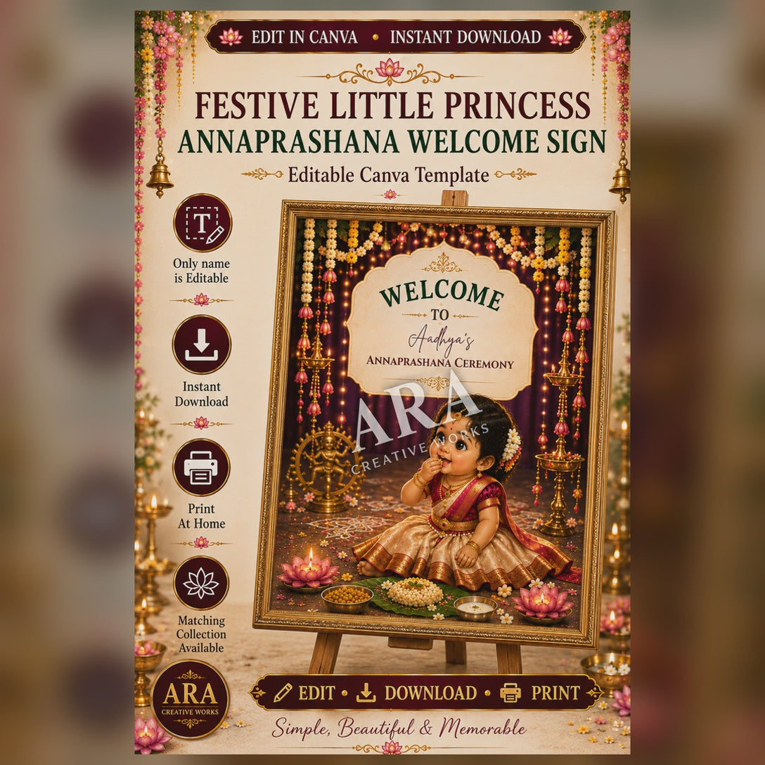 Festive Little Princess Annaprashana Welcome Sign | Editable Canva Template | Baby Girl Rice Ceremony Sign | Indian First Feeding Welcome