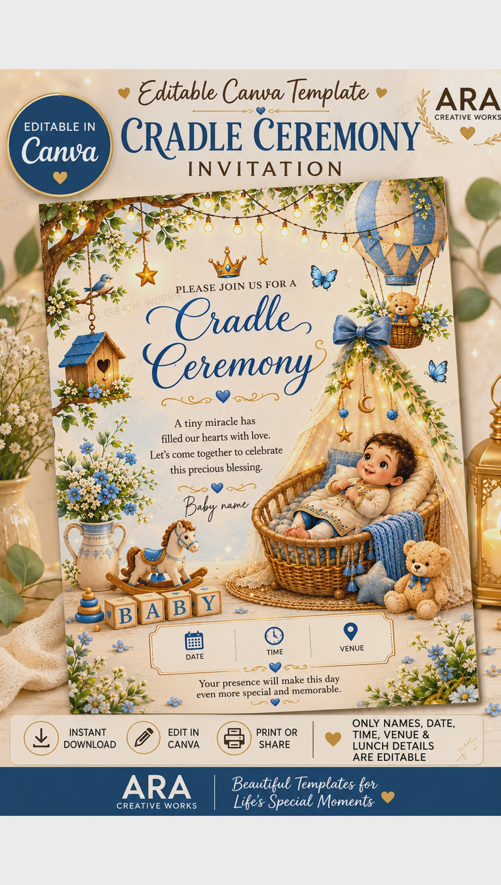 Little Prince Cradle Ceremony Invitation | Editable Canva Template | Royal Baby Boy Naming Invitation | Instant Download